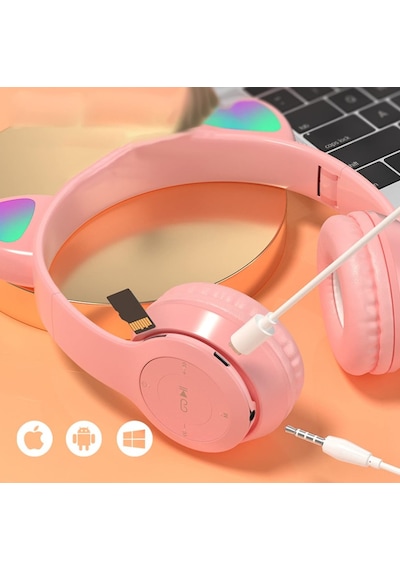 Qasul P47 Kedi Kulak Led Işıklı Kablosuz Bluetooth Mikrofonlu Hafıza Kulaklık 