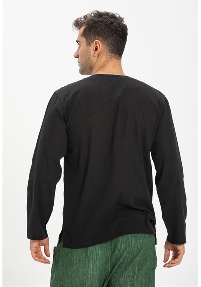 Büyük Beden Şile Bezi Uzun Kol Zımbalı Erkek Tshirt Siyah 3003
