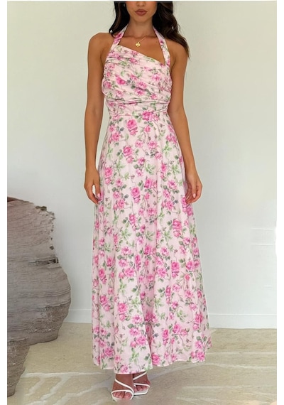 Madmext Pembe Önü Büzgülü Çiçekli Uzun Elbise Mg2363 Pembe