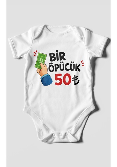Morivokids Bir Öpücük 50tl Kısa Kollu Bebek Body %100 Pamuk Beyaz