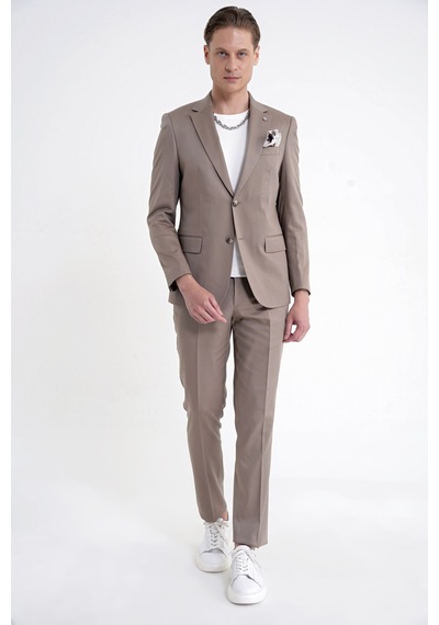 Efor Slim Fit Mono Yaka %97 Tencel Kumaş Çift Yırtmaç Esnek Bej Takım Elbise Tk 941