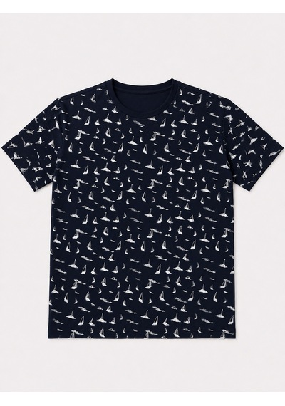 Büyük Beden Sıfır Yaka Marina Baskılı Pike Kumaş Erkek Battal Tshirt Lacivert