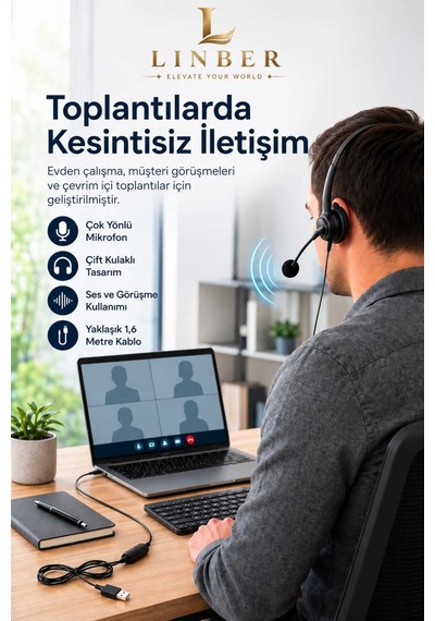 Mikrofonlu Kablolu Bilgisayar Kulaklığı 3,5 Mm Jack Ve Çıkarılabilir Usb Adaptörlü, Çift Kulaklı, Ayarlanabilir Ofis Ve Eğitim Kulaklığı Siyah