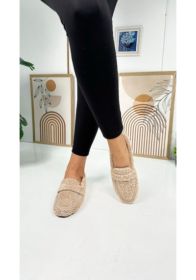 Günlük Kadın Loafer Peluş Astarlı Oval Burunlu Alçak Desenli Tabanlı Ayakkabı 375 VIZON