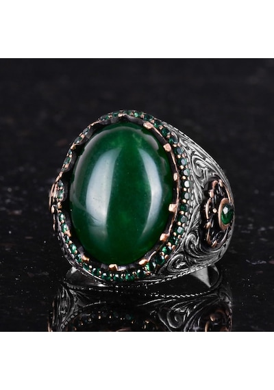 Gerçek Doğal Taş Yüzük - 925 Ayar Gümüş El Yapımı Yüzük Jade Gümüş