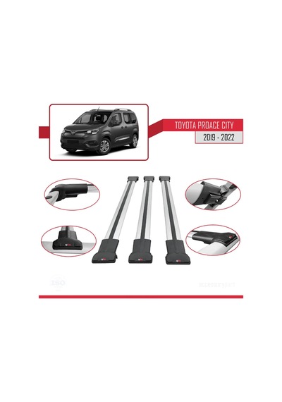 Toyota Proace City 2019-2022 Arası İle Uyumlu Fly Model Ara Atkı Tavan Barı Gri 3 Adet Bar