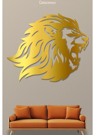 Yırtıcı Aslan Metal Duvar Tablosu - Metal Duvar Sanatı - Altın - 65 X 75 Cm