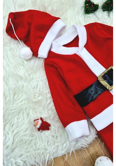 Royaleks Erkek Çocuk Noel Baba Yılbaşı Kostümü Şapkalı Kemerli Bebek Kostümü Kırmızı