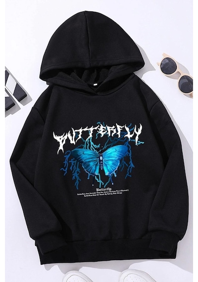 Uyguntarz Çocuk Blue Butterfly Baskılı Sweatshirt Siyah