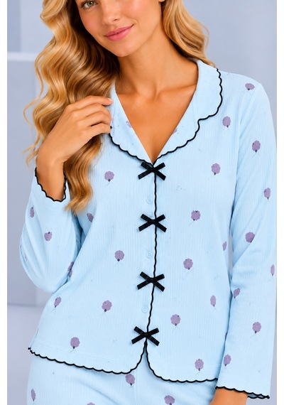 Pijamask Kadın Desenli Fiyonk Detaylı Düğmeli Uzun Kollu Müslin Pijama Takımı Mavi