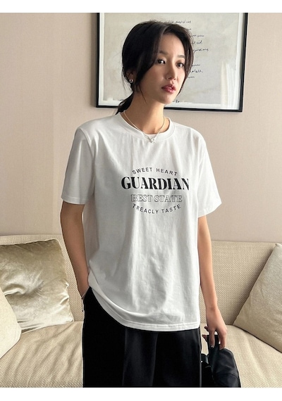 Guardian T-shirt - Beyaz Baskılı Oversize Bisiklet Yaka Kısa Kol Beyaz