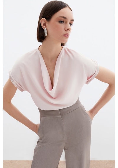 Sateen Kollar Taş Detaylı Salaş Bluz - Pudra-136465 Pudra