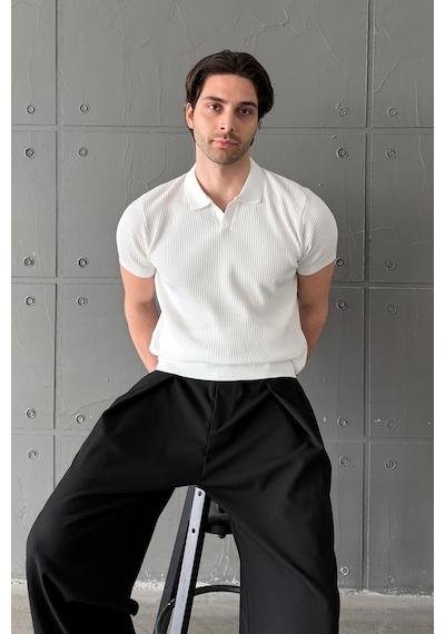 Erkek Petek Desen Polo Yaka Triko T-shirt Beyaz