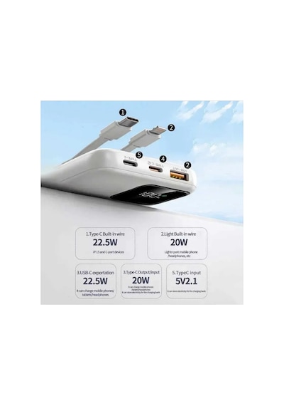 20000mah Powerbank 22.5w Hızlı Şarj Özellikli Type C Ve Lightning Kablolu Pd Taşınabilir Şarj Aleti Siyah