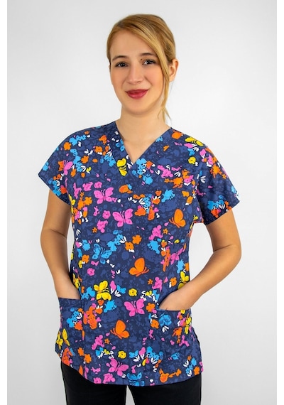 Unisex Butterfly Desenli Likralı Doktor Hemşire Tek Üst Forma Scrubs Greys Renkli Renkli