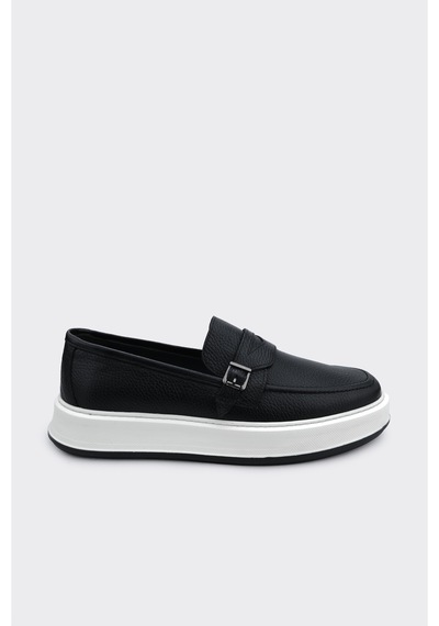 Derinet Comfort Taban Hakiki Deri Tokalı Erkek Loafer Siyah Siyah