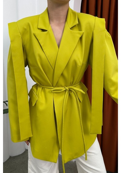 Msm Fashion Kadın Oversize Blazer Ceket Kuşaklı Omuz Detaylı Limon Yeşili Yeşil