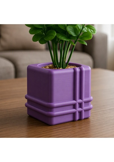 3d Baskı Square Planter - Izgara Desenli Küp Saksı-mor