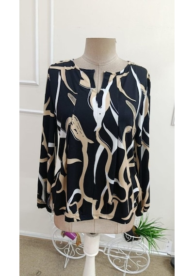 Butik İstanbul Kadın Uzun Kollu Yuvarlak V Yakalı Leopar Desenli Süprem Bluz