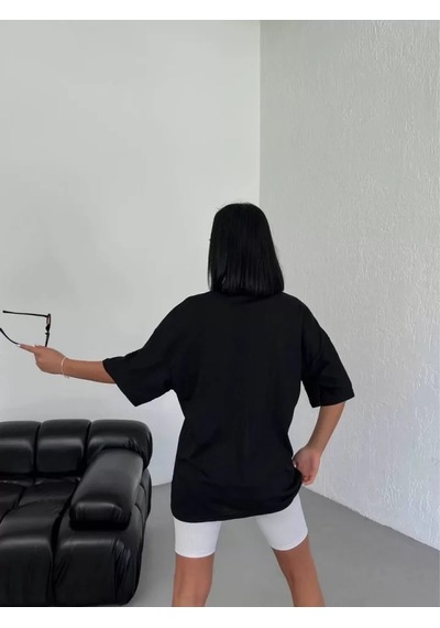 Hazego Unisex Bisiklet Yaka Baskılı Oversize T-shirt - Siyah Siyah
