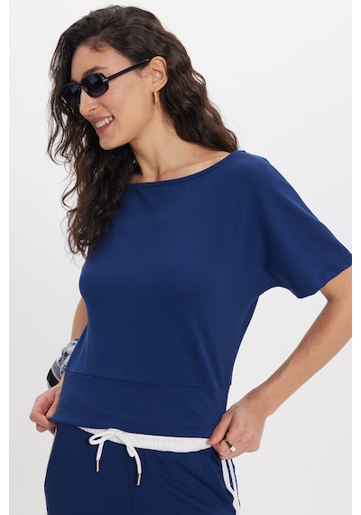 Tudors Kadın Slim Fit Dar Kesim Kısa Kollu Kayık Yaka Lacivert Tişört-50566