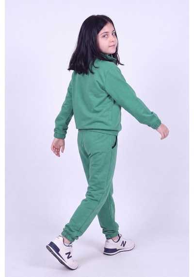 Panios Kids Kız Çocuk Dik Yaka Fermuarlı Beli Bağcıklı Lastik Paça Eşofman Takımı Yeşil
