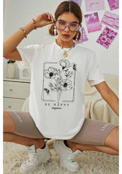 Unisex Be Happy Baskılı Oversize Tshirt Beyaz