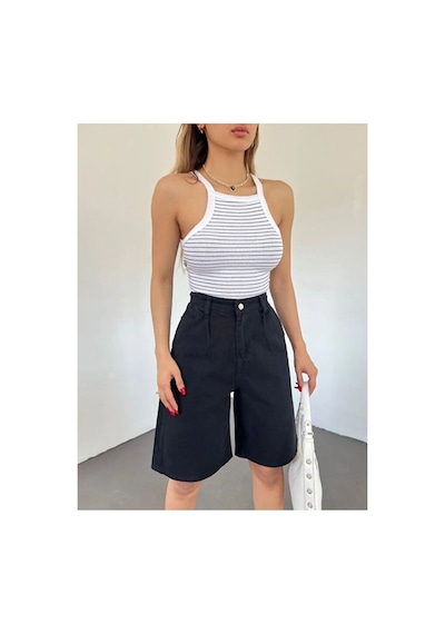 Nido Moda Kadın Yüksek Bel Geniş Paça Denim Şort Siyah