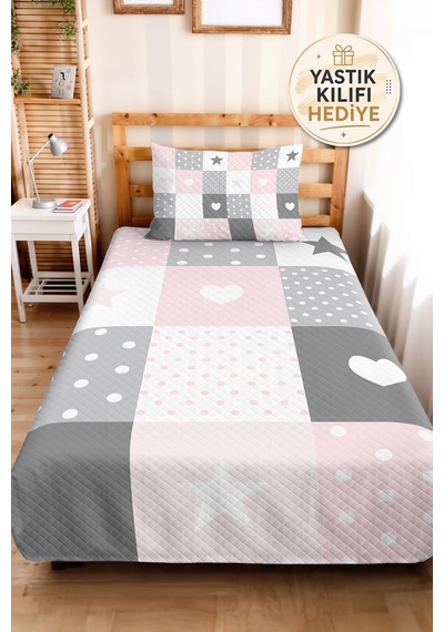 Evimde Bambaşka Kalp Ve Puanlı Pembe Kız Çocuk Pike Takımı-patchwork Gri Pastel Bebek Odası Yatak Örtüsü-160x220  CM