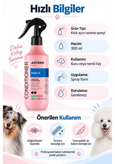 Artero Matt-x Profesyonel Kedi Köpek Keçeleşmiş Tüy Ve Düğüm Açıcı Bakım Spreyi 300 Ml