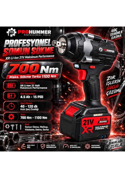 Prohummer Phm004 Kara Mamba Profesyonel Akülü Somun Sıkma Sökme Seti 700nm - Çift Bataryalı 21v 4.5 Ah 15 Pilli