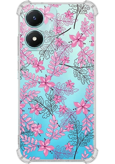 Vivo Y16 Uyumlu Köşe Korumalı Floral Pembe Tasarımlı Şeffaf Silikon Kılıf