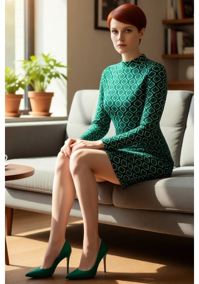 Ersefa Kadın Bodycon Kesim Dik Yaka Uzun İspanyol Kollu Geometrik Desenl Zümrüt Yeşili