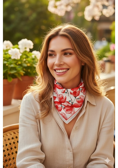 Enerjik Kırmızı Çiçek Desen 70 70cm Bandana/fular Çok Renkli