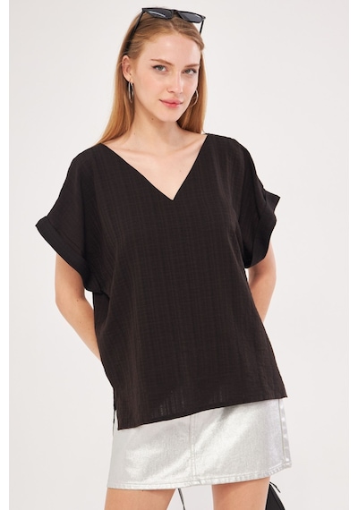 Armonika Kadın Siyah V Yaka Yanları Yırtmaçlı Arkası Uzun Duble Kol Detaylı Oversize Bluz Arm-24y001074