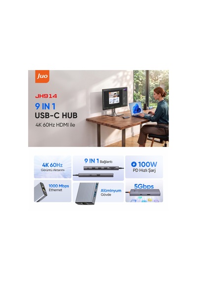 Juo Type-c 9 Portlu 4k 60hz Hdmı Gigabit Ethernet Dönüştürücü Sd Microsd Kart Okuyucu 100w Pd 3 Usb 3.2 Çoklayıcı Hub