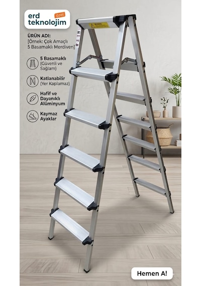 5 Basamaklı Çift Çıkışlı Alüminyum Portatif Merdiven 123cm
