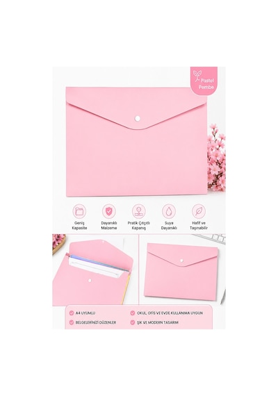 Çıtçıtlı Dosya Pastel Renkler A4 1 Adet Dosy Plastik Renkli Zarf Dosya Çıt Çıtlı Dosya Ödev Evrak Belge Saklama Dosyası Pembe