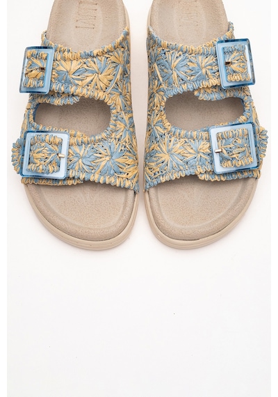 Luvishoes Luvi Shoes Mılana Mavi Desenli Hakiki Deri Tokalı Çift Bantlı Kadın Terlik Mavi