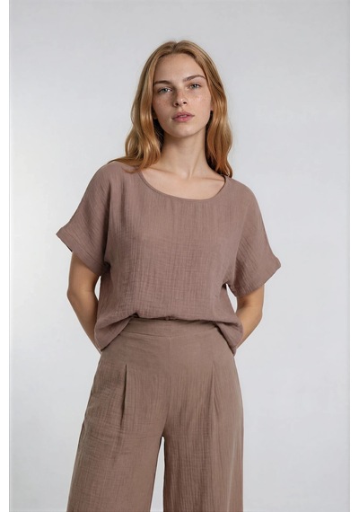 Vitrin Kısa Kol Oversize Keten Bluz CAMEL