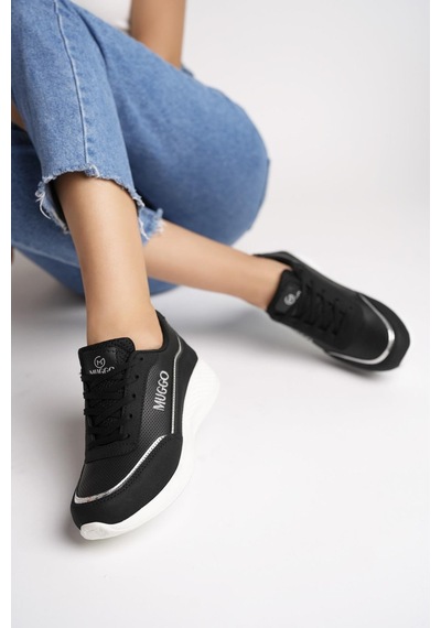 Muggo Happy Garantili Kadın Ortopedik Günlük Bağcıklı Şık Rahat Sneaker Spor Ayakkabı Siyah - Beyaz