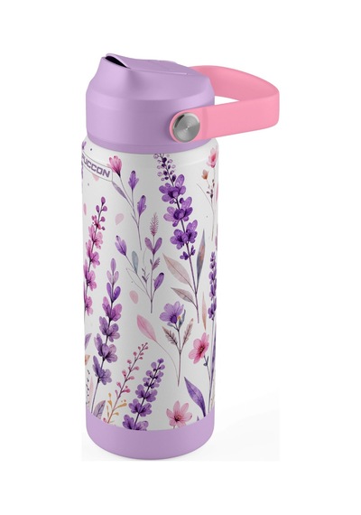 Puccon 540 Ml Çiçek Desenli Lila - Mor Kız Çocuk Pipetli Çelik Termos Matara/suluk - 60055