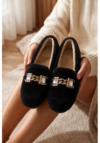 N Moda Panduf Gold Zincir Taşlı Aksesuarlı Kışlık Sıcak Tutan Yumuşak Tabanlı Kapalı Panduf Siyah N Moda Panduf Gold Zincir Taşlı Aksesuarlı Kışlık Sıcak Tutan Yumuşak Tabanlı Kapalı Panduf Siyah