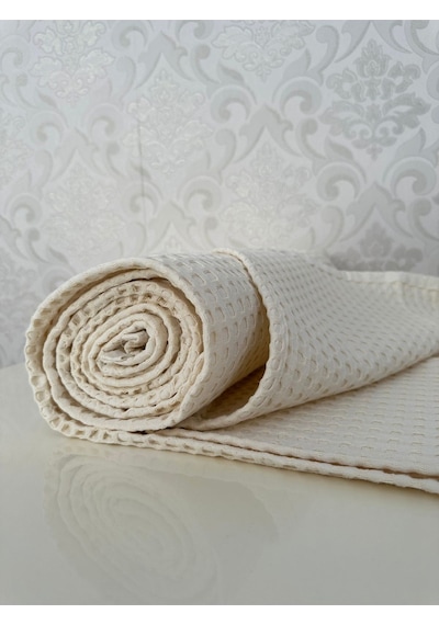 Premium %100 Pamuk Çift Kişilik Yazlık Pike, Yatak Örtüsü, Terletmez Kumaş Krem Renk 240x200cm Krem