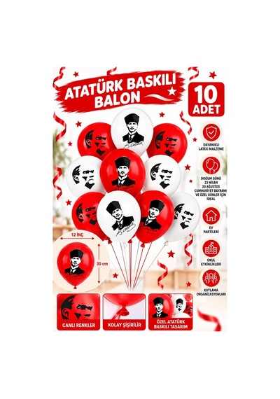 Atatürklü Balon 10 Adet Ata Balon Süsleme 29 Ekim 23 Nisan Kırmızı Beyaz Balon Bayrak Balon Bayram Beyaz - Kırmızı