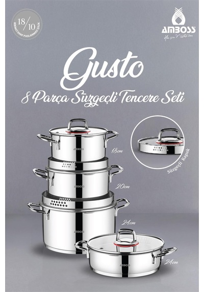 Gusto 8 Parça Paslanmaz Çelik Süzgeçli Tencere Seti Gri