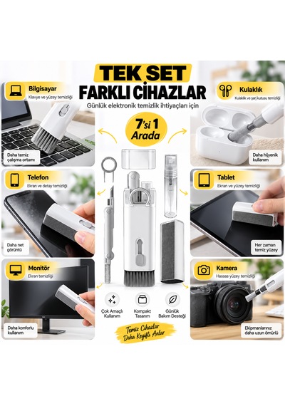 7'si 1 Arada Elektronik Temizleme Seti Bilgisayar, Laptop, Klavye, Telefon, Kulaklık Airpod Vb. İçin