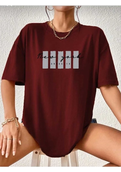 Kozia Outdoors Malkoçbey Newyork Broklıyn Baskılı Overisze Unisex Basic T-shirt Bordo