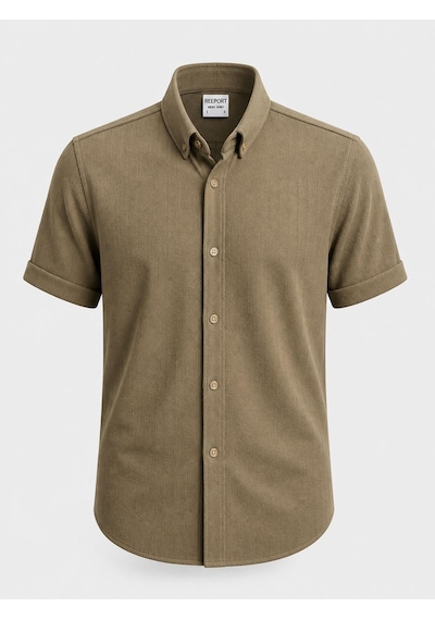 Classics Men Reeport Likralı Kısa Kol Slim Fit Çizgili Gömlek - 7640 Kahverengi