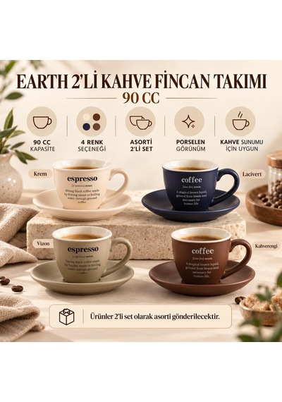 Earth 2'li 90 Cc Porselen Espresso Kahve Fincan Takımı Asorti Set Diğer